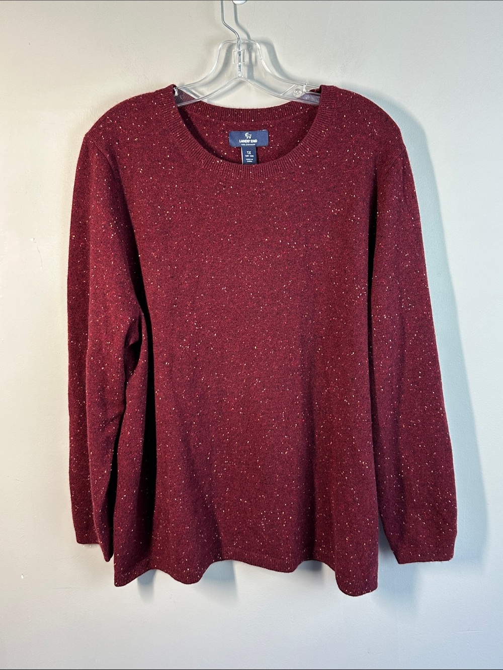 NWT Lands’ End Speckled Burgundy 100% Cashmere Crewneck Sweater Size 1X Fall